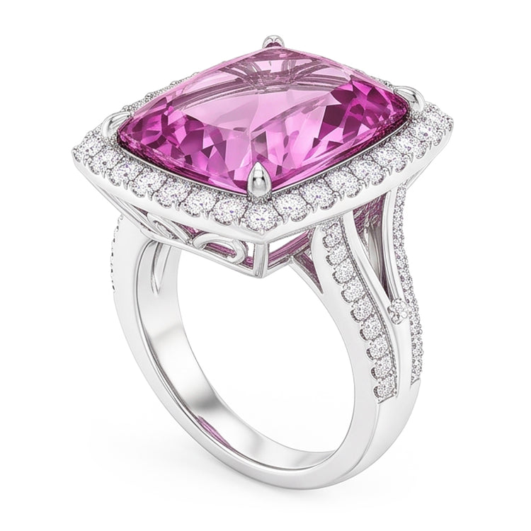 Bague Fantaisie Diamant Naturels Extraits des Mines ( et non cultivés en laboratoire ) Kunzite Rose Taille Coussin Or Blanc 16.20 Carats