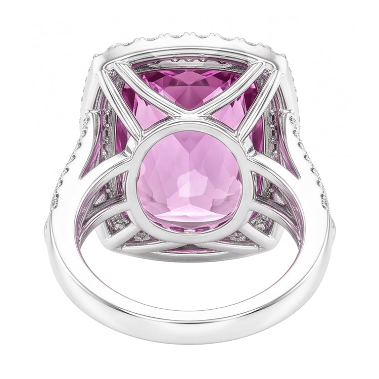 Bague Fantaisie Diamant Naturels Extraits des Mines ( et non cultivés en laboratoire ) Kunzite Rose Taille Coussin Or Blanc 16.20 Carats