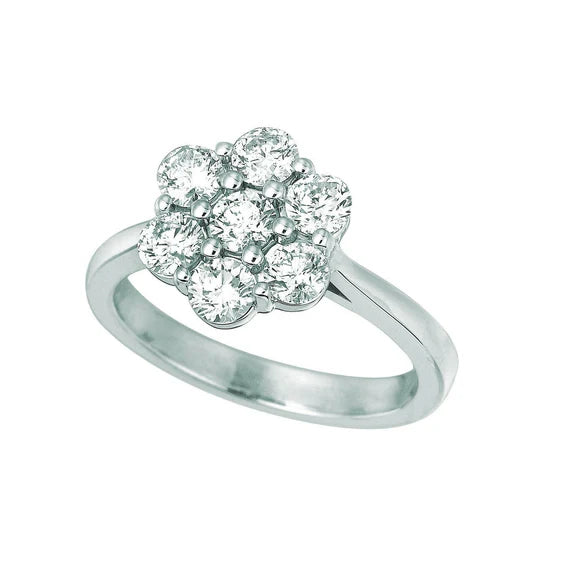 Bague Fantaisie Fleur Réel Diamant Halo 1.47 Carats Or Blanc 14K