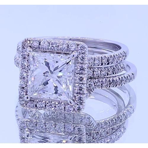 Bague Fantaisie Halo De Réel Diamants Taille Princesse 3.50 Carats Or Blanc 14K
