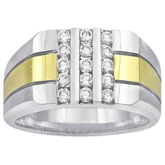Bague Fantaisie Homme Réel Diamant Naturels Extraits des Mines ( et non cultivés en laboratoire ) Rond 1.50 Carats Or Bicolore 14K