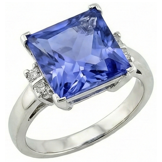 Bague Fantaisie Princesse Tanzanite Diamants Naturels Extraits des Mines ( et non cultivés en laboratoire ) 8.50 Carat Or Blanc 14K