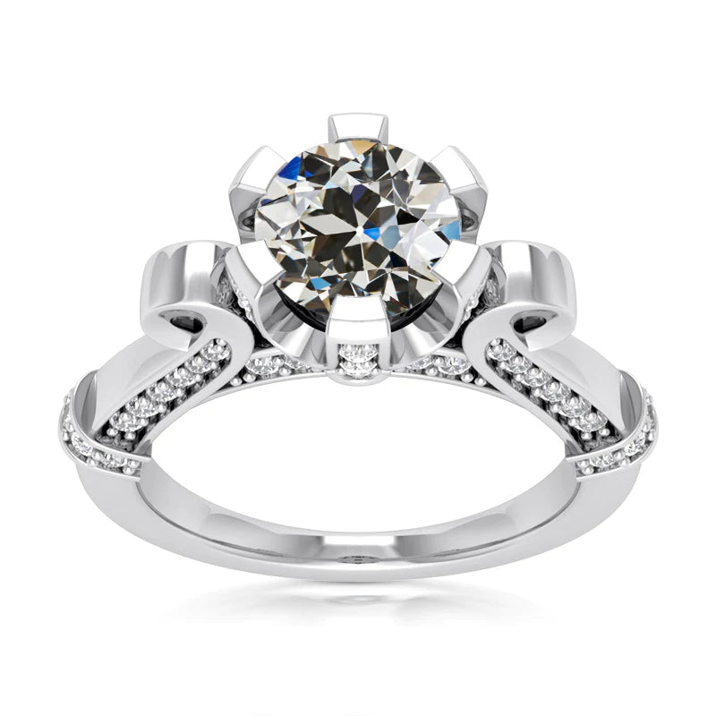 Bague Fantaisie Réel Diamant Rond Taille Vieille Mine Or Blanc 14K 5.75 Carats