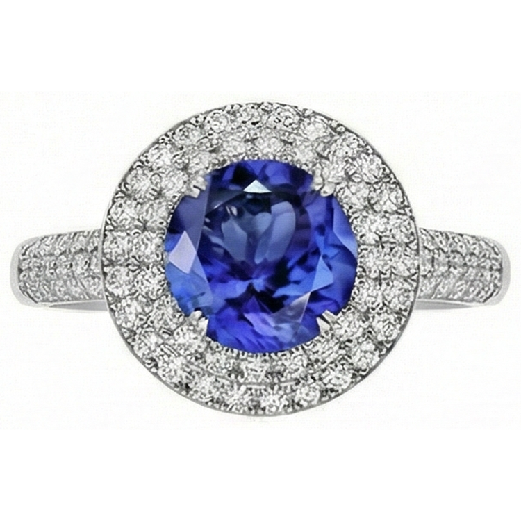 Bague Fantaisie Ronde Véritable Tanzanite Diamants Naturels Extraits des Mines ( et non cultivés en laboratoire ) Naturels Split 2.65 Carats
