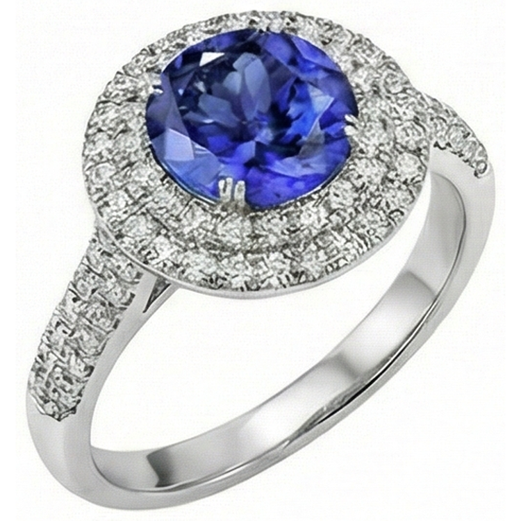 Bague Fantaisie Ronde Véritable Tanzanite Diamants Naturels Extraits des Mines ( et non cultivés en laboratoire ) Naturels Split 2.65 Carats