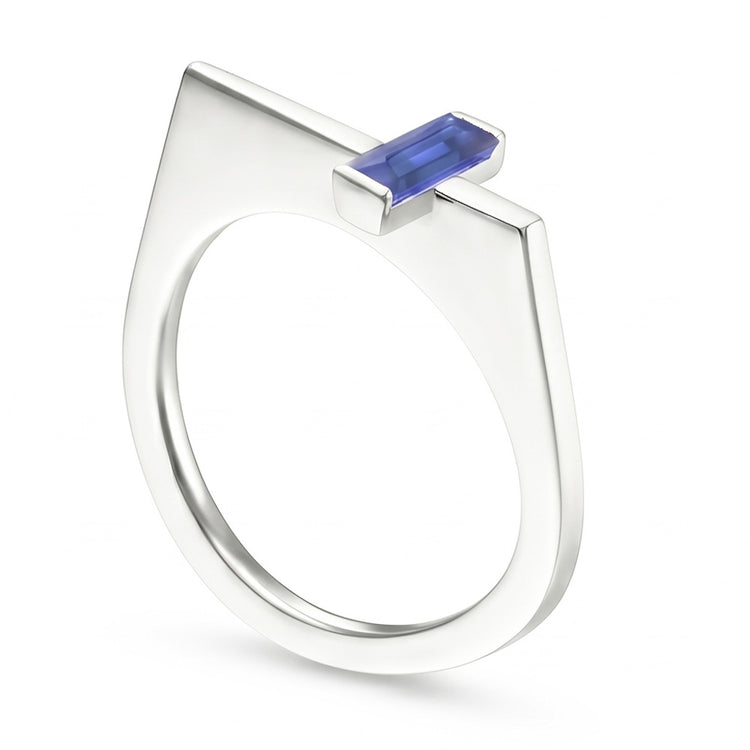 Bague Fantaisie Solitaire Émeraude Ceylan Barre Saphir Sertie Or 14K