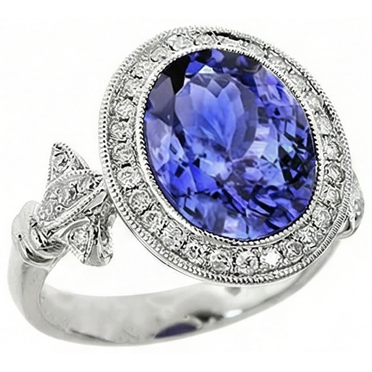 Bague Fantaisie Tanzanite 9 Carats Avec Petits Diamants Naturels Extraits des Mines ( et non cultivés en laboratoire ) Or Blanc 14K