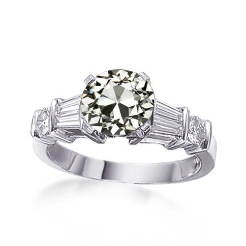 Bague Femme Baguette & Naturel Diamant Rond Taille Vieille Mine Or 3 Carats