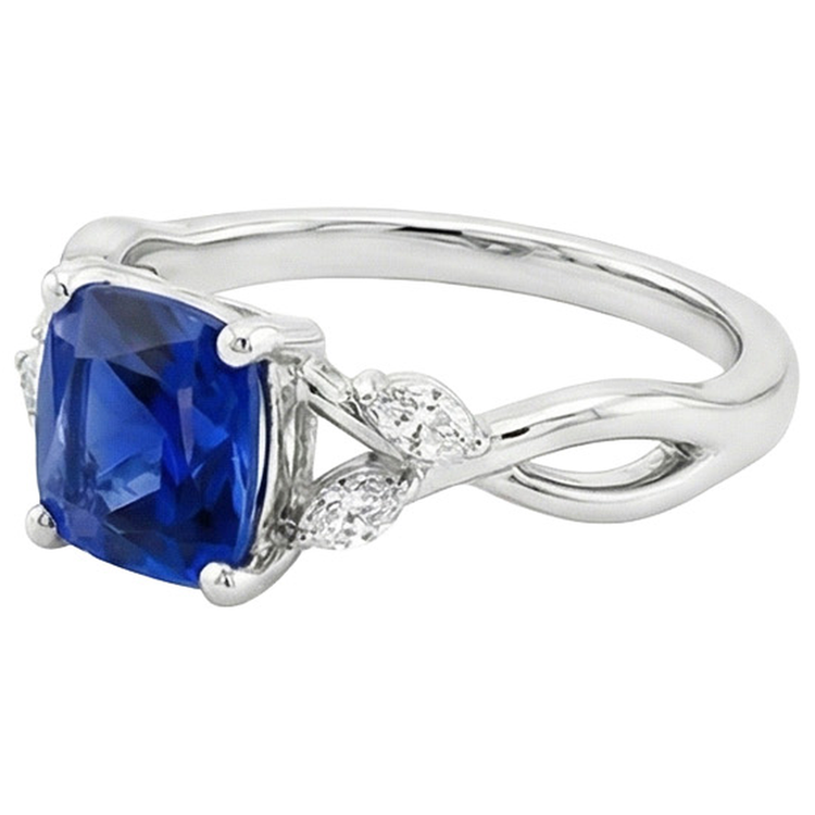 Bague Femme Diamant Naturels Extraits des Mines ( et non cultivés en laboratoire ) Marquise & Coussin Saphir Cinq Pierres 2.75 Carats
