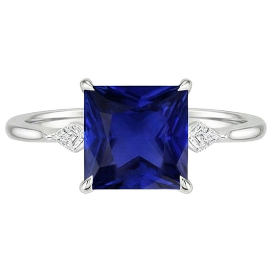 Bague Femme Diamant Naturels Extraits des Mines ( et non cultivés en laboratoire ) Princesse Saphir Bleu 5.25 Carats Or Blanc