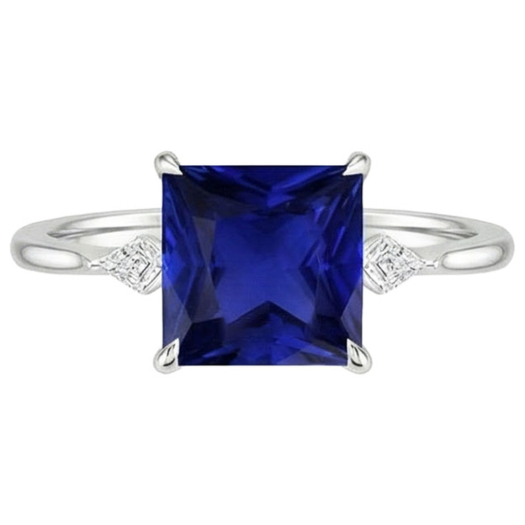 Bague Femme Diamant Naturels Extraits des Mines ( et non cultivés en laboratoire ) Princesse Saphir Bleu 5.25 Carats Or Blanc