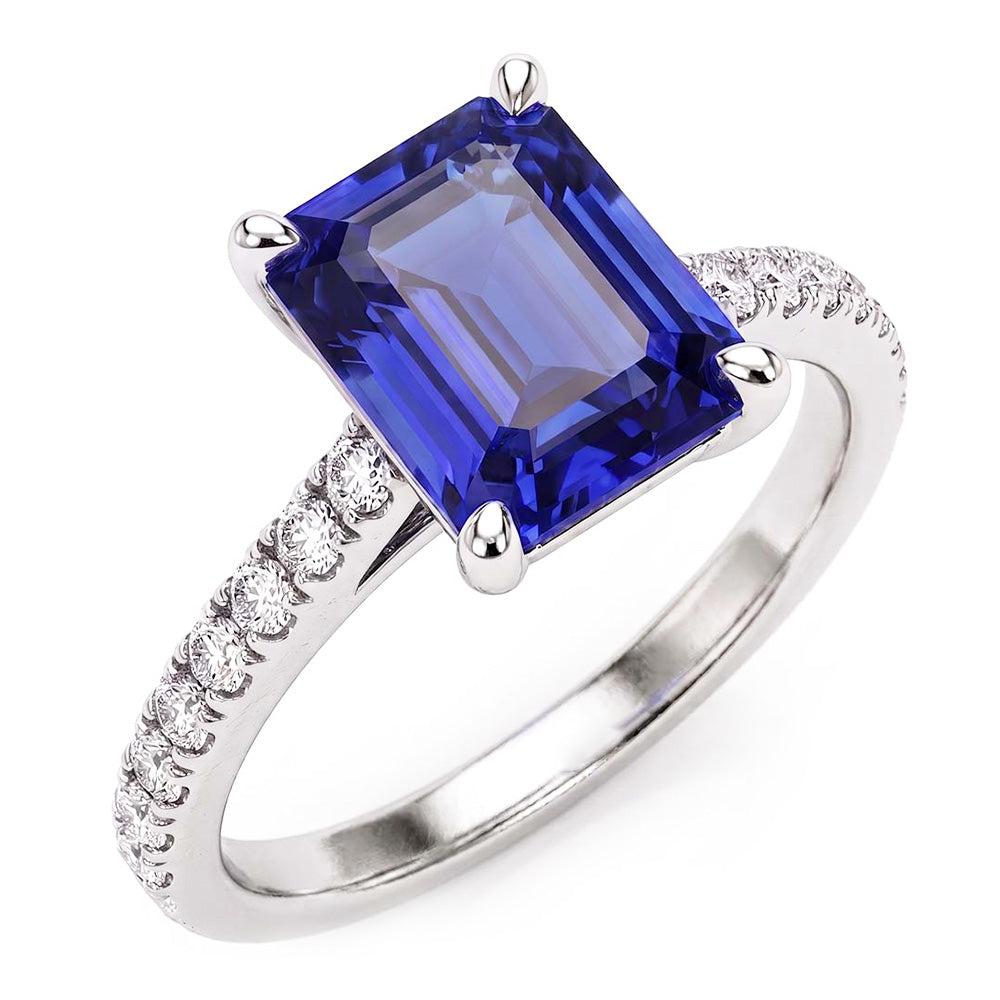 Bague Femme Diamant émeraude Saphir Or Blanc 3 Carats Pavé 14K