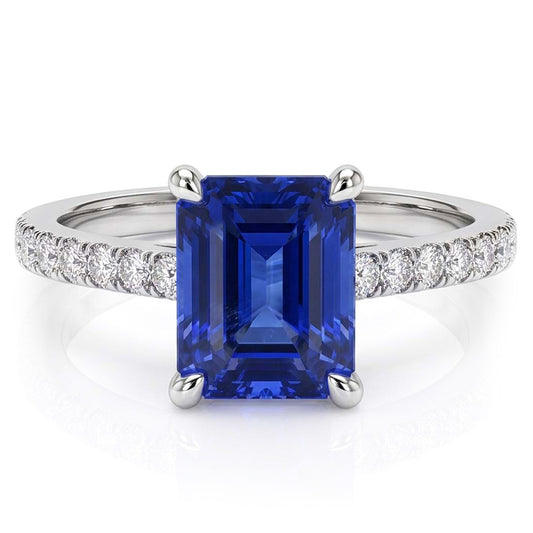 Bague Femme Diamant émeraude Saphir Or Blanc 3 Carats Pavé 14K
