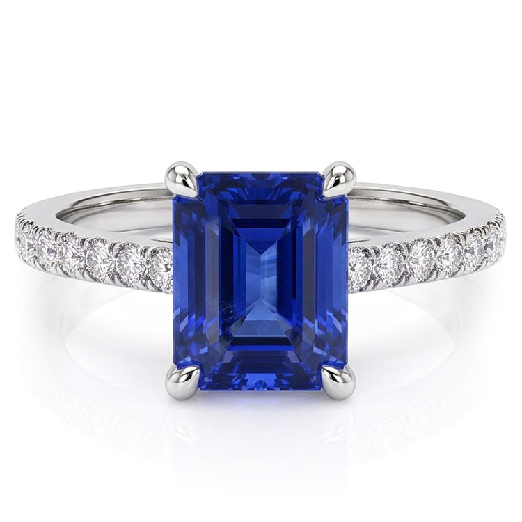 Bague Femme Diamant émeraude Saphir Or Blanc 3 Carats Pavé 14K