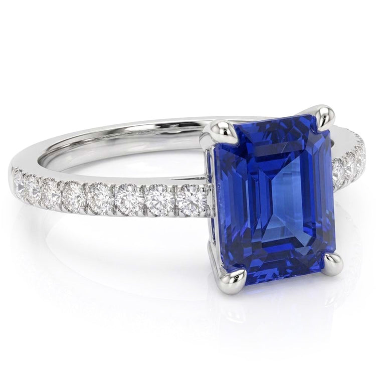 Bague Femme Diamant émeraude Saphir Or Blanc 3 Carats Pavé 14K