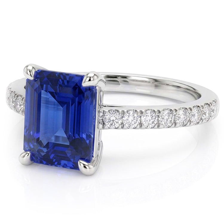Bague Femme Diamant émeraude Saphir Or Blanc 3 Carats Pavé 14K