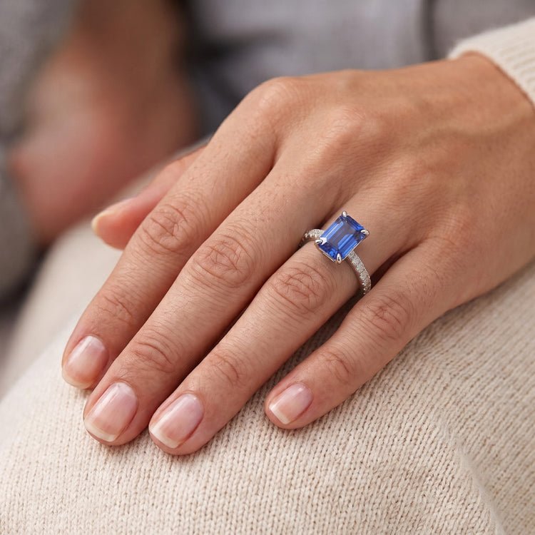 Bague Femme Diamant émeraude Saphir Or Blanc 3 Carats Pavé 14K