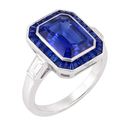 Bague Femme Halo Gemme Saphirs Bleus 3.50 Carats Diamants Baguette