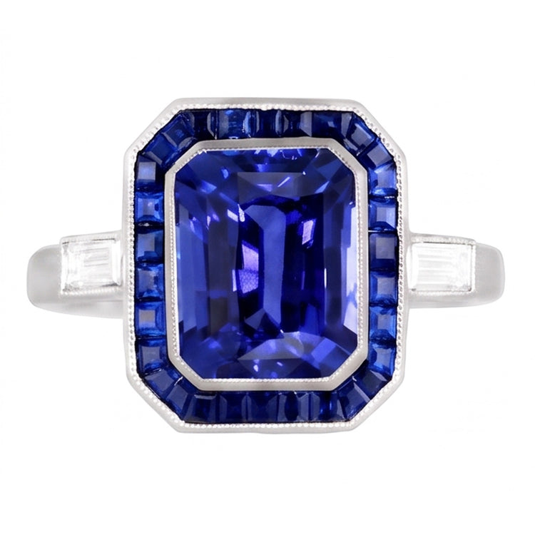 Bague Femme Halo Gemme Saphirs Bleus 3.50 Carats Diamants Baguette