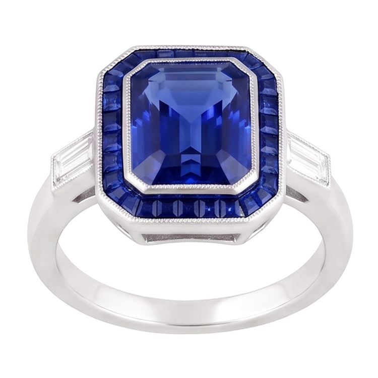 Bague Femme Halo Gemme Saphirs Bleus 3.50 Carats Diamants Baguette