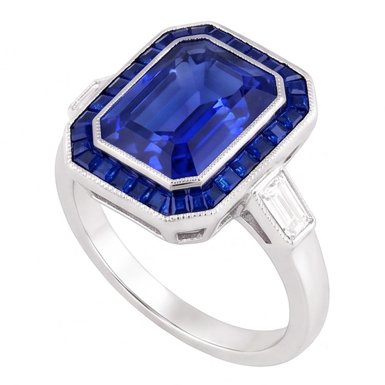 Bague Femme Halo Gemme Saphirs Bleus 3.50 Carats Diamants Baguette