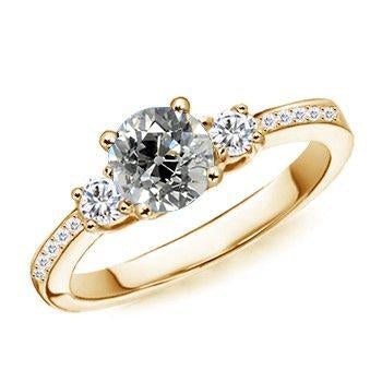 Bague Femme Or 3 Pierres Ronde Réel Diamant Taille Ancienne Avec Accents 2.20 Carats
