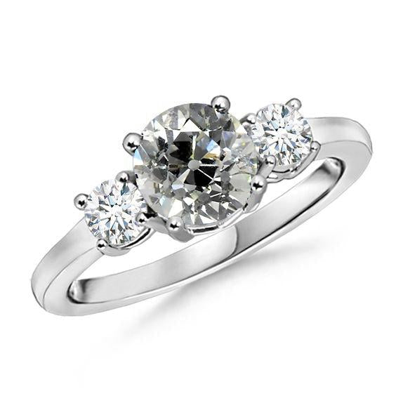Bague Femme Or 3 Pierres Ronde Vieux Mineur Véritable Diamant Bijoux 3.50 Carats