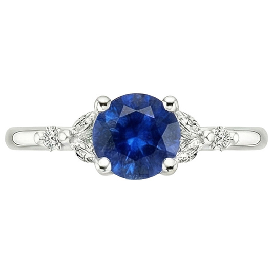 Bague Femme Pierres Précieuses Saphir Bleu Marquise & Diamants Naturels Extraits des Mines ( et non cultivés en laboratoire ) Ronds 3 Carats