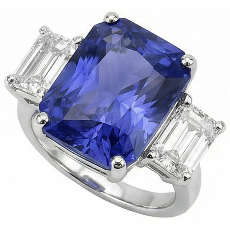 Bague Femme Radiant 3 Pierres Saphir Bleu 7 Carats Émeraude Diamants