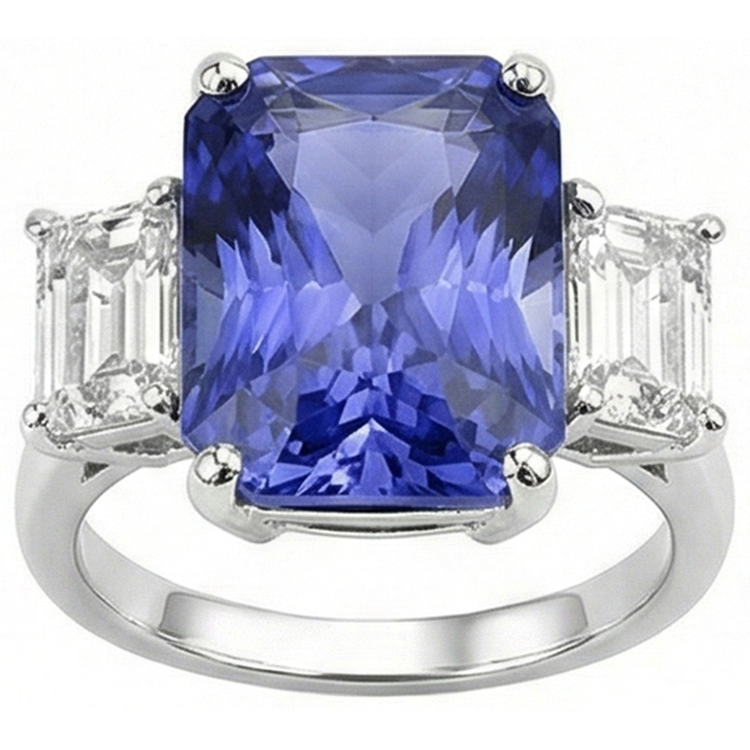 Bague Femme Radiant 3 Pierres Saphir Bleu 7 Carats Émeraude Diamants