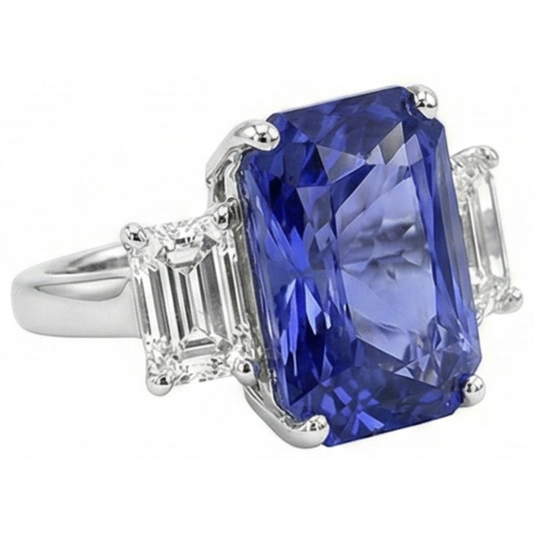Bague Femme Radiant 3 Pierres Saphir Bleu 7 Carats Émeraude Diamants