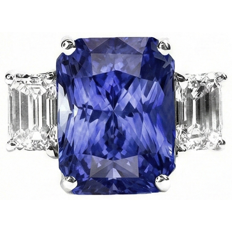 Bague Femme Radiant 3 Pierres Saphir Bleu 7 Carats Émeraude Diamants