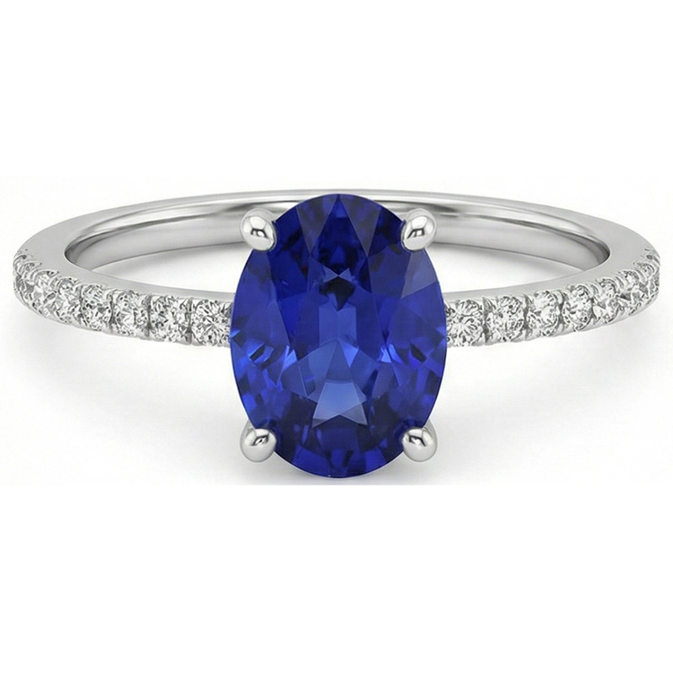 Bague Femme Saphir Bleu Taille Ovale Avec Pavé De Diamants Naturels Extraits des Mines ( et non cultivés en laboratoire ) 4.50 Carats