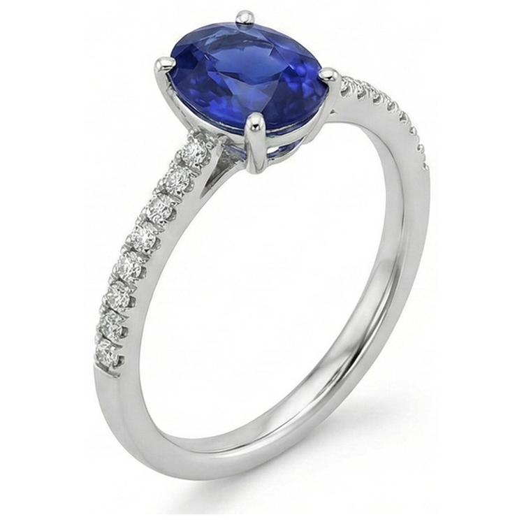 Bague Femme Saphir Bleu Taille Ovale Avec Pavé De Diamants Naturels Extraits des Mines ( et non cultivés en laboratoire ) 4.50 Carats