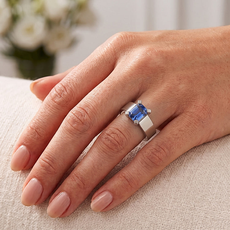 Bague Femme Solitaire Pierre Saphir Bleu Tension Style 1.50 Carats