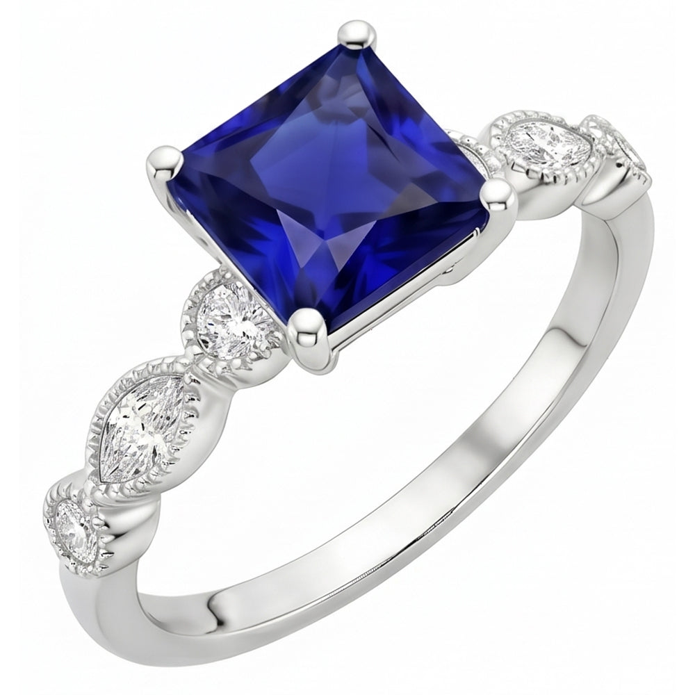 Bague Femme Solitaire Saphir Bleu Avec Accents Style Vintage 6 Carats