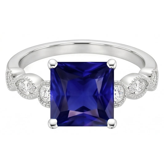 Bague Femme Solitaire Saphir Bleu Avec Accents Style Vintage 6 Carats