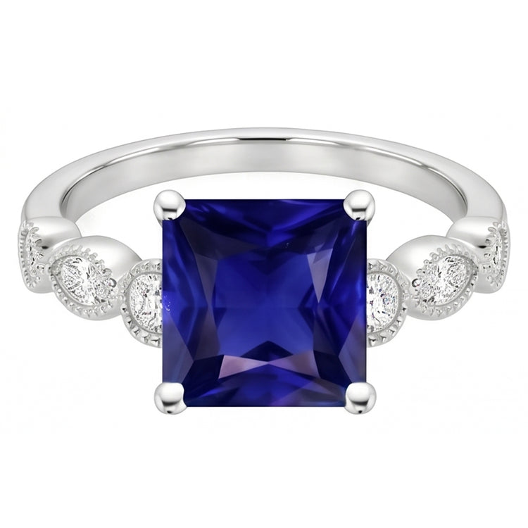 Bague Femme Solitaire Saphir Bleu Avec Accents Style Vintage 6 Carats