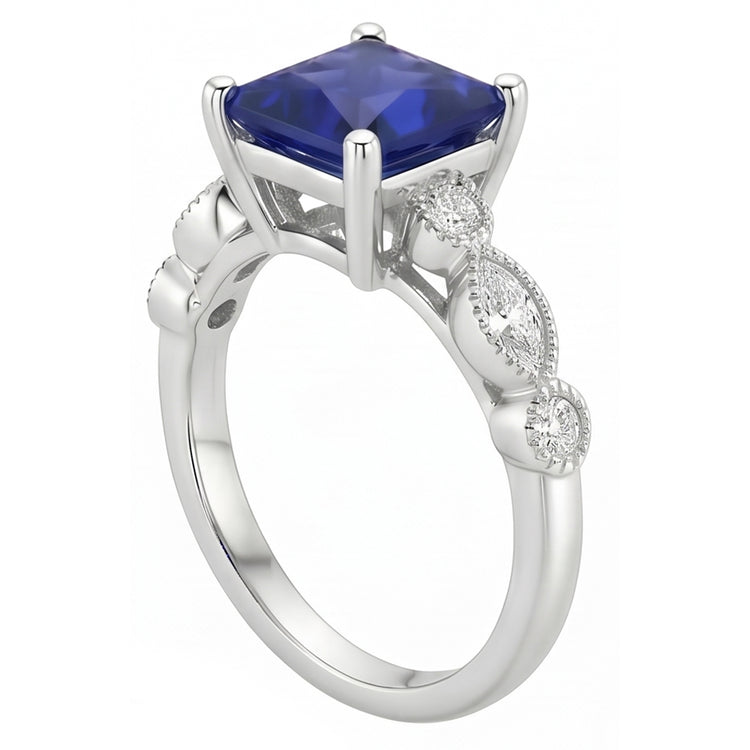 Bague Femme Solitaire Saphir Bleu Avec Accents Style Vintage 6 Carats