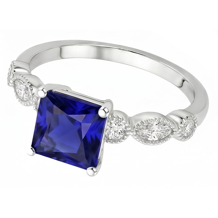 Bague Femme Solitaire Saphir Bleu Avec Accents Style Vintage 6 Carats