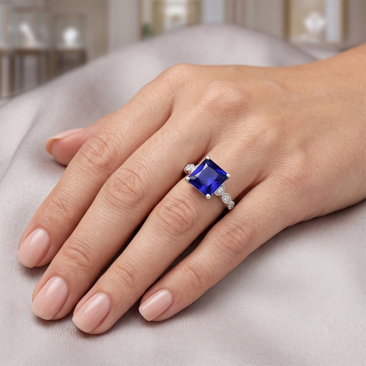Bague Femme Solitaire Saphir Bleu Avec Accents Style Vintage 6 Carats