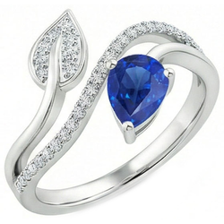 Bague Femme Toi et Moi Diamant Naturels Extraits des Mines ( et non cultivés en laboratoire ) Poire Saphir Bleu 4 Carats Style Feuille