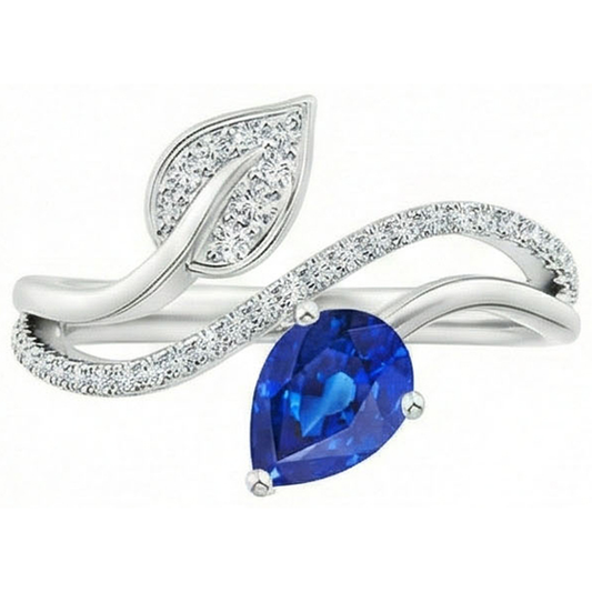 Bague Femme Toi et Moi Diamant Naturels Extraits des Mines ( et non cultivés en laboratoire ) Poire Saphir Bleu 4 Carats Style Feuille