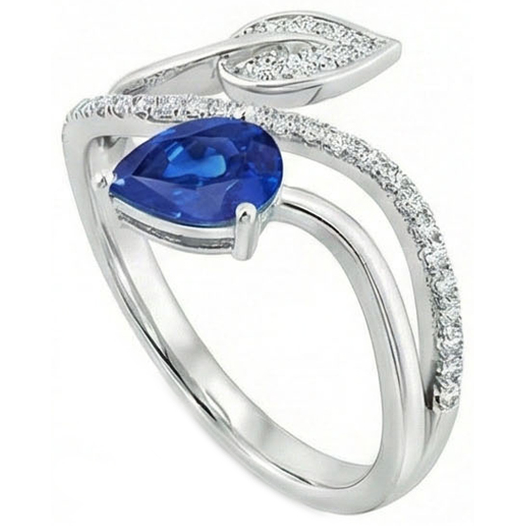 Bague Femme Toi et Moi Diamant Naturels Extraits des Mines ( et non cultivés en laboratoire ) Poire Saphir Bleu 4 Carats Style Feuille