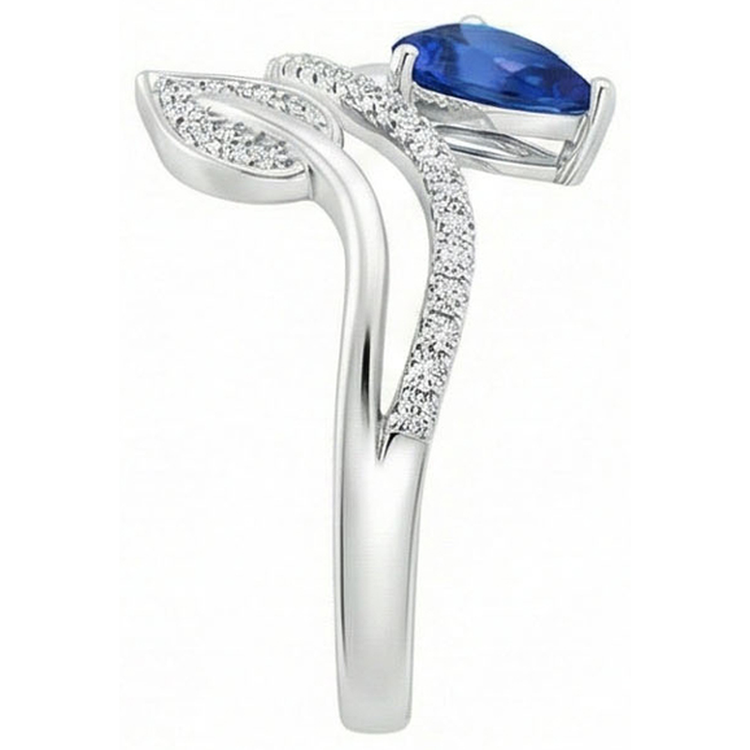 Bague Femme Toi et Moi Diamant Naturels Extraits des Mines ( et non cultivés en laboratoire ) Poire Saphir Bleu 4 Carats Style Feuille