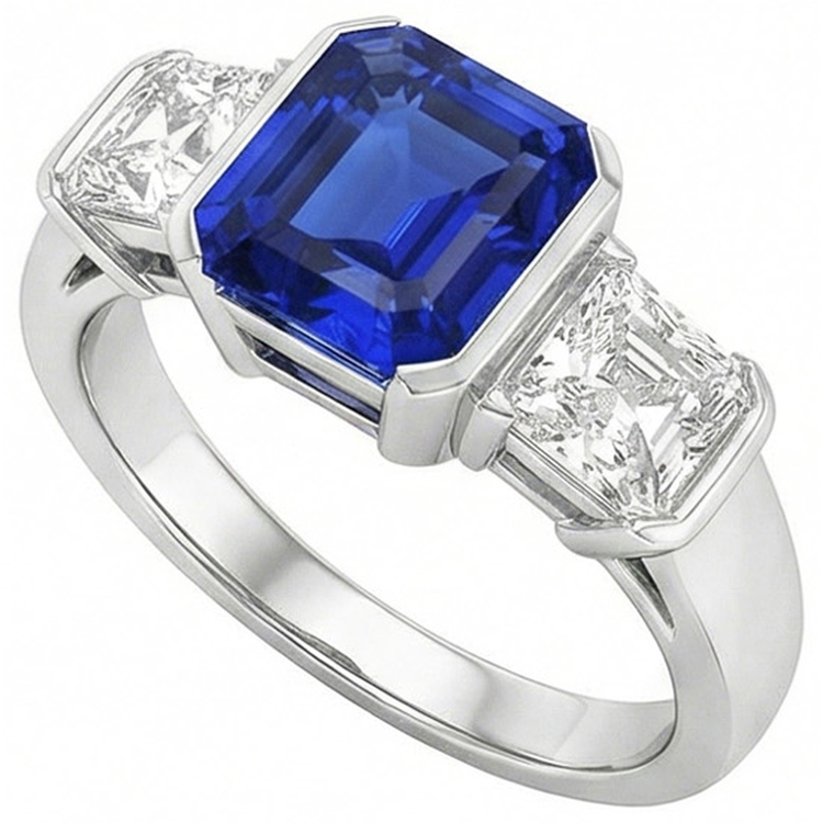 naturel asscher saphir 2carats bague détail rapproché