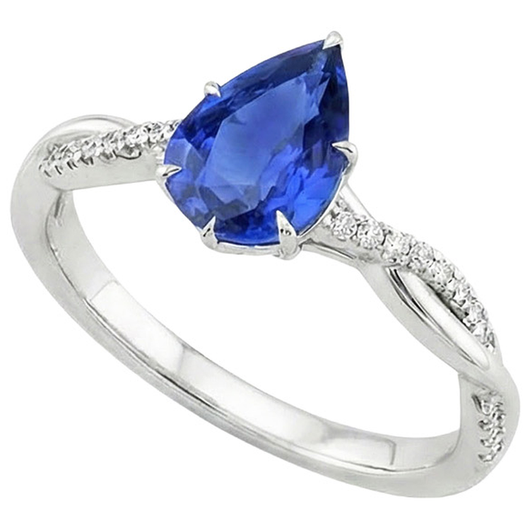 Bague Fiançailles Femme Diamant Naturels Extraits des Mines ( et non cultivés en laboratoire ) & Poire Saphir Bleu Or Blanc 5 Carats