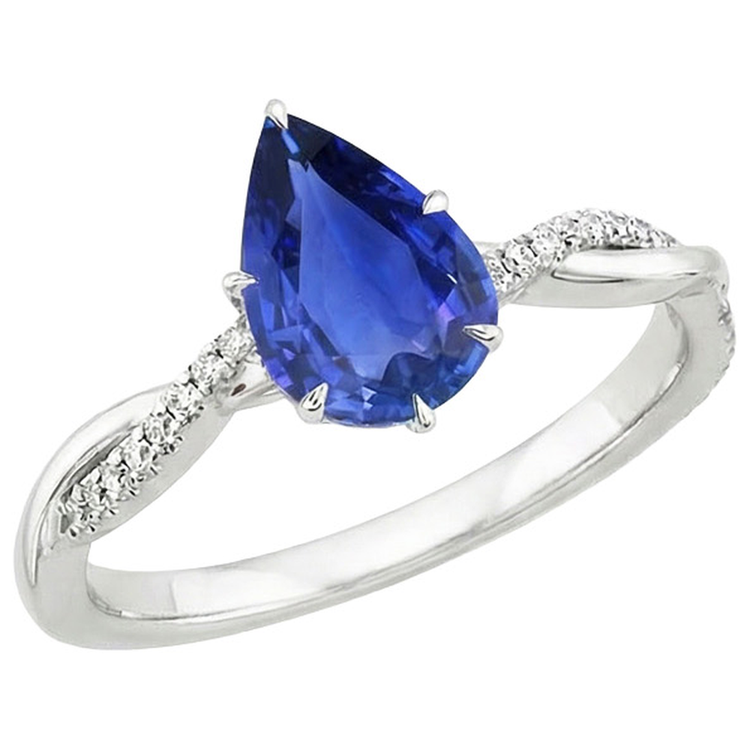 Bague Fiançailles Femme Diamant Naturels Extraits des Mines ( et non cultivés en laboratoire ) & Poire Saphir Bleu Or Blanc 5 Carats