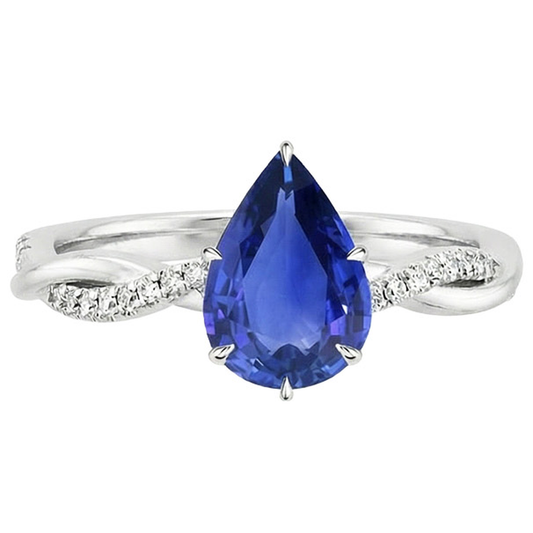 Bague Fiançailles Femme Diamant Naturels Extraits des Mines ( et non cultivés en laboratoire ) & Poire Saphir Bleu Or Blanc 5 Carats