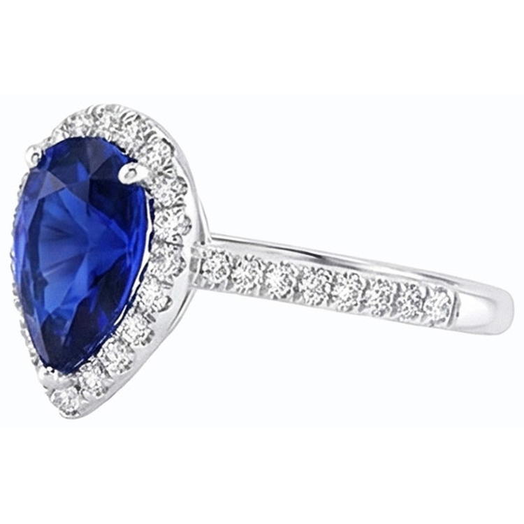 Bague Forme Poire Halo Saphir Bleu & Diamants 3.50 Carats
